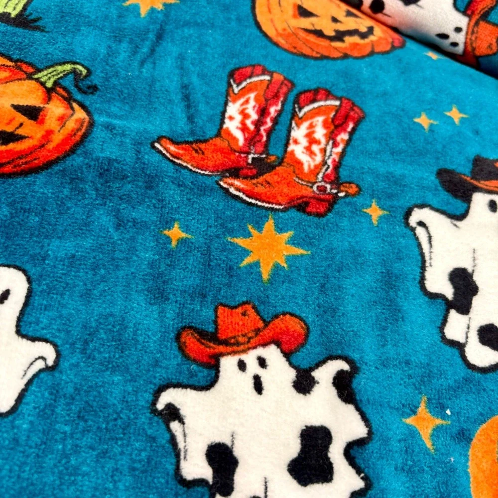 Wrangler Halloween Towel Set 4pc Teal Cowboy Ghost Pumpkin Cactus Cotton NEW